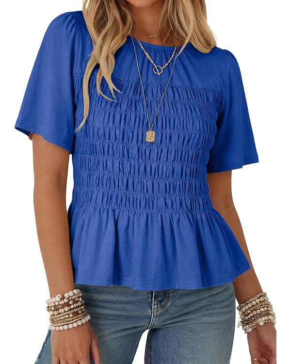 Watashi Women Summer Blouse Smocked Peplum Babydoll Tops | Elastic Waist Pleated Ruffle Hem Flowy... | Amazon (US)