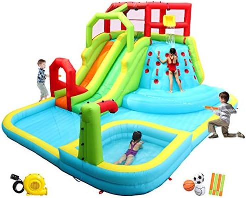 WELLFUNTIME Inflatable Water Slide Park with Splash Pool Climb The Wall, 3 Inflatable Sport Balls... | Amazon (US)