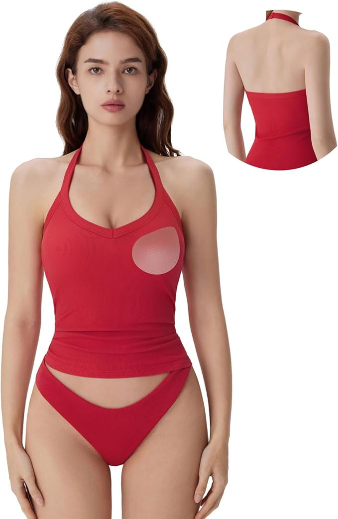 SUUKSESS Halter Tank Top for Women with Built in Bra Cotton Ribbed V Neck Cami | Amazon (US)