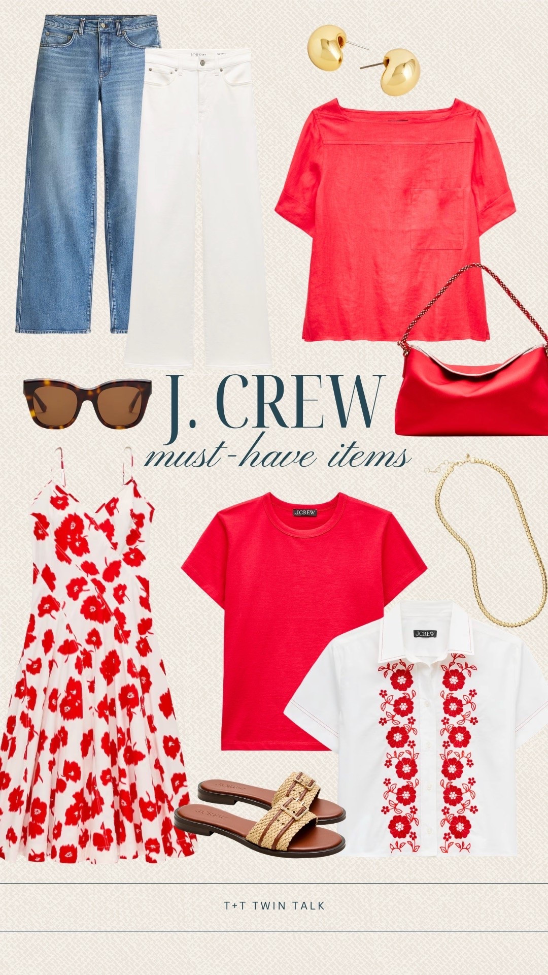 These J.Crew favorites make it easy to add a little color to your everyday outfits. The floral dress, embroidered blouse, and bright red basics pair perfectly with classic denim and white jeans. The woven sandals, gold jewelry, and red shoulder bag complete each look.

#LTKSeasonal #LTKOver40 #LTKMidsize