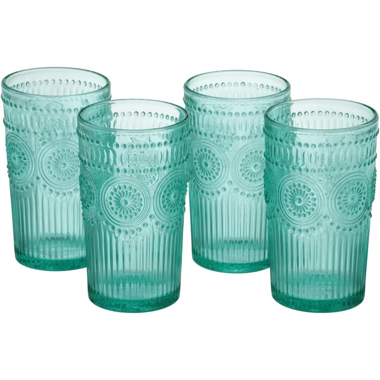 The Pioneer Woman Adeline 16-Ounce Teal Emboss Glass Tumblers, Set of 4 | Walmart (US)
