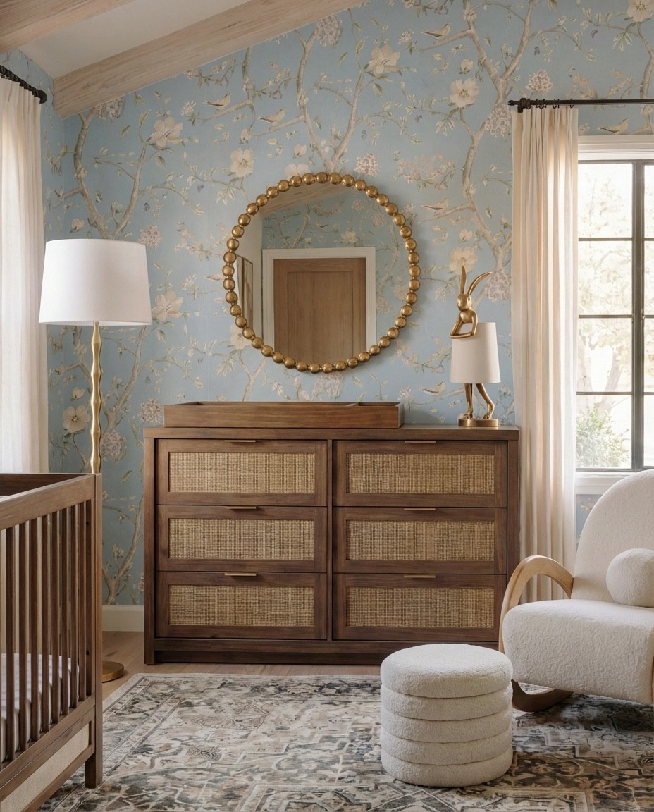Shop the Look:
• Light blue floral wallpaper
• Natural wood exposed ceiling beams
• Solid wood crib (warm oak tone)
• Neutral crib mattress + fitted sheet
• Knit baby blanket (soft brown)
• Vintage-inspired area rug (muted blue + beige)
• Wood dresser with woven drawer fronts
• Round gold-framed wall mirror
• Brass table lamp with white shade
• White boucle accent chair
• Round upholstered pouf (cream)
• Wooden toy shelving unit
• Front-facing wooden book rack
• Children’s board books (colorful covers)
• Plush teddy bear
• Soft cloud wall decor
• Star-shaped wall pillows (neutral tones)
• Crescent moon wall decor
• Beaded rainbow toy
• Sheer white curtain panels
• Black curtain rod with rings
• Light wood flooring

#LTKFindsUnder100 #LTKSaleAlert #LTKHome