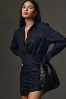 Bardot Viera Long-Sleeve Pinstripe Ruched Mini Shirt Dress | Anthropologie (US)