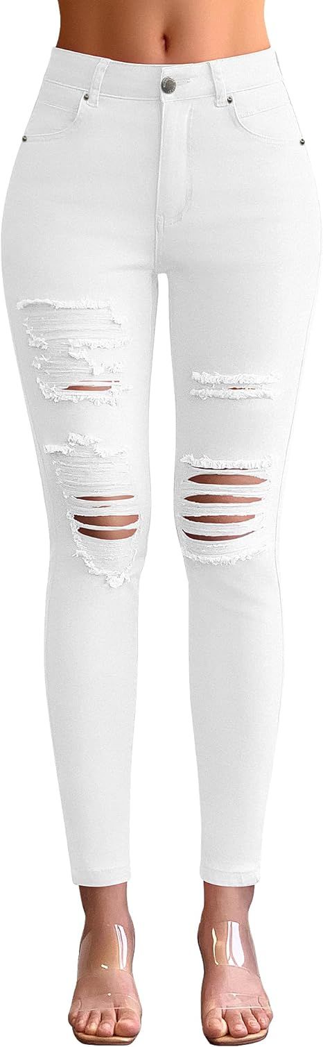 roswear Women's Essentials Ripped Mid Rise Destroyed Skinny Jeans | Amazon (US)