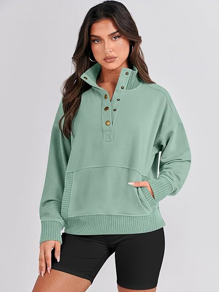 ANRABESS Women's Casual Long Sleeve Sweatshirt Button Up V Neck Loose Henley Pullover Tops with Pockets | Amazon (US)