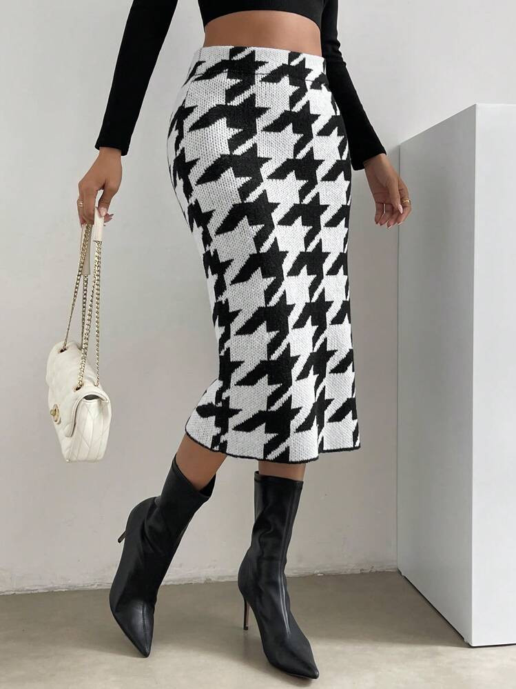 Houndstooth Midi Skirt, Winter Holiday Outfit | SHEIN