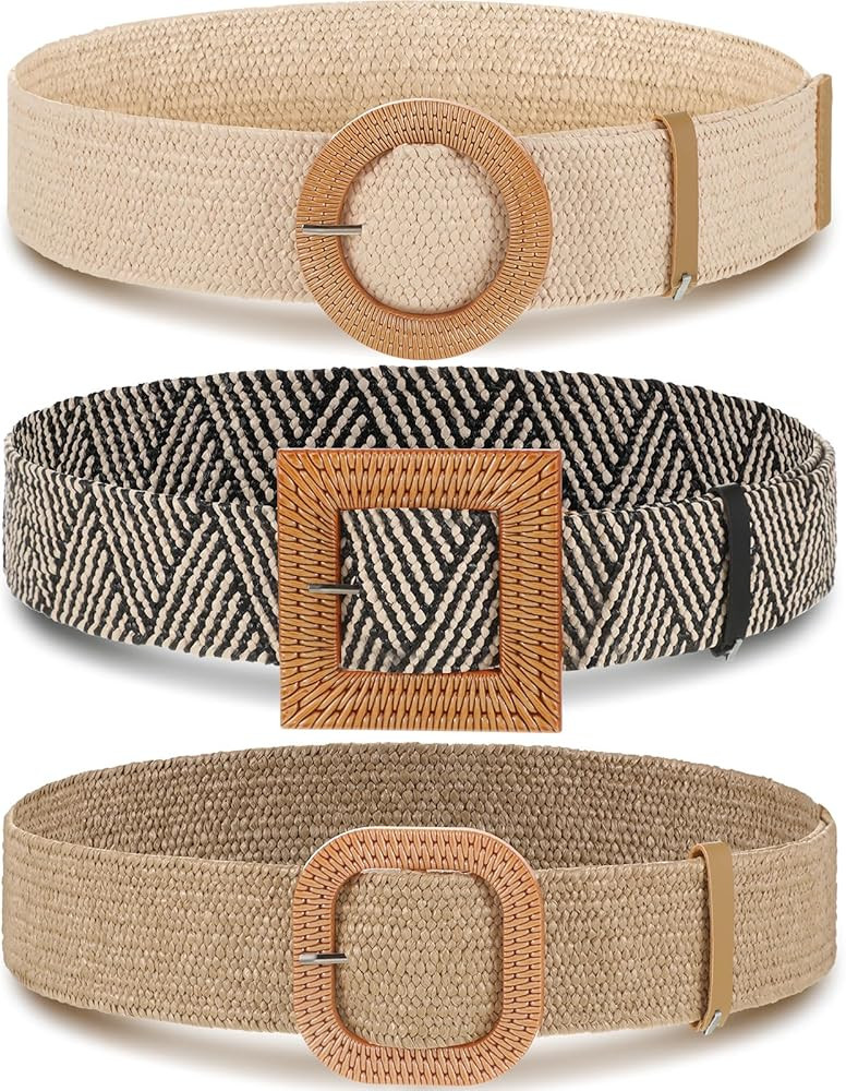 Syhood 3 Pieces Straw Woven Elastic Waist Belt for Women Bohemian Dress Braided Belt | Amazon (US)