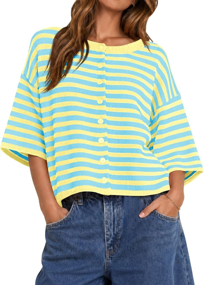 Saodimallsu Womens Short Sleeve Cardigan Cropped Striped Button Down Oversized Lightweight Knit S... | Amazon (US)