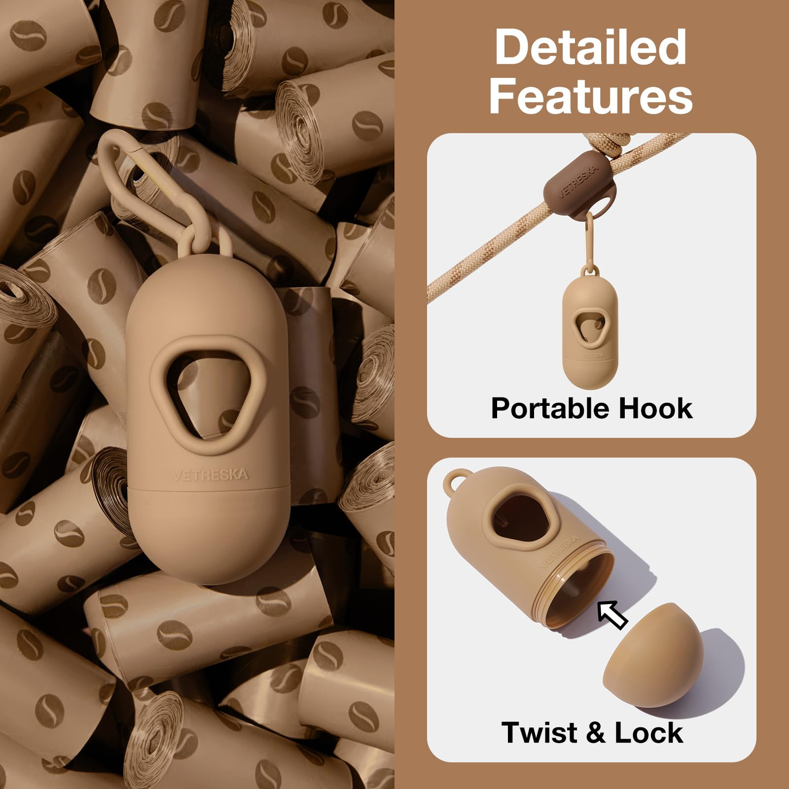 VETRESKA Dog Poop Bags Dispenser with Coffee Scented Waste Bags, Leak Proof, Extra Thick & Strong... | Amazon (US)