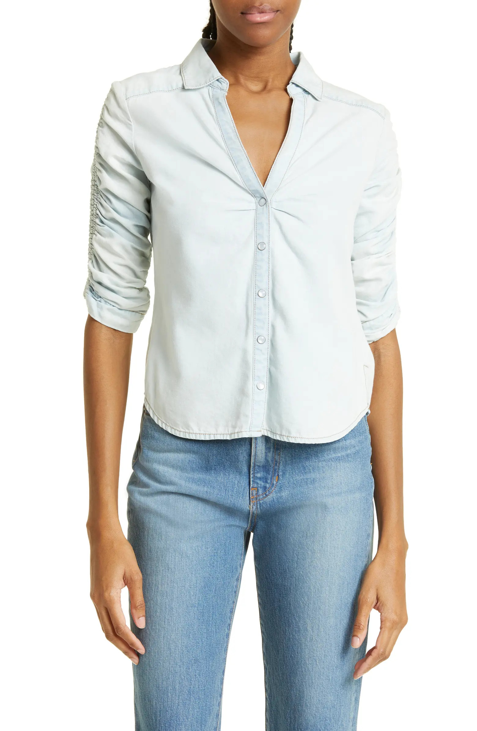 Veronica Beard Porta Shirred Sleeve Snap-Up Chambray Shirt | Nordstromrack | Nordstrom Rack
