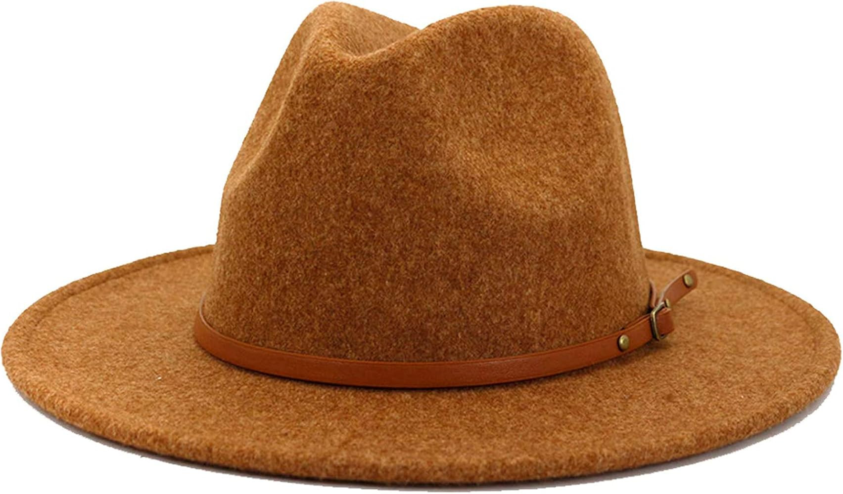 Women's Wide Brim Classic Felt Fedora Hat with Belt Buckle Men Patchwork Leather Band Panama Tril... | Amazon (US)