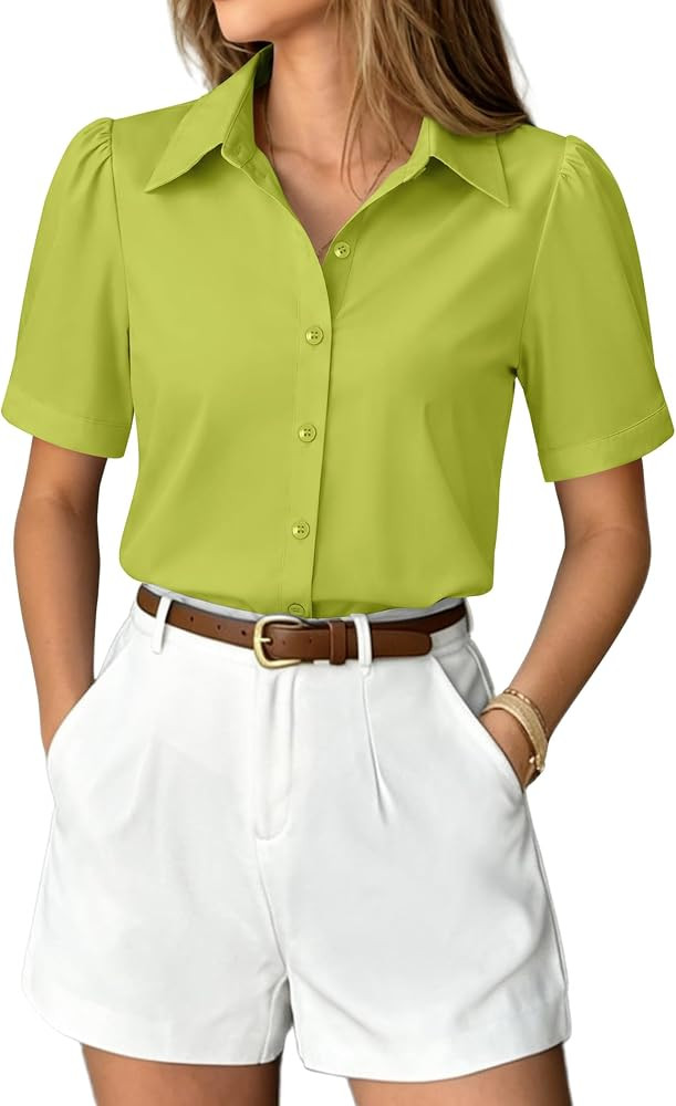 Gleeivy Short Sleeve Button Up Women Puff Sleeve Blouse Fitted V Neck Business Casual Dress Shirt... | Amazon (US)