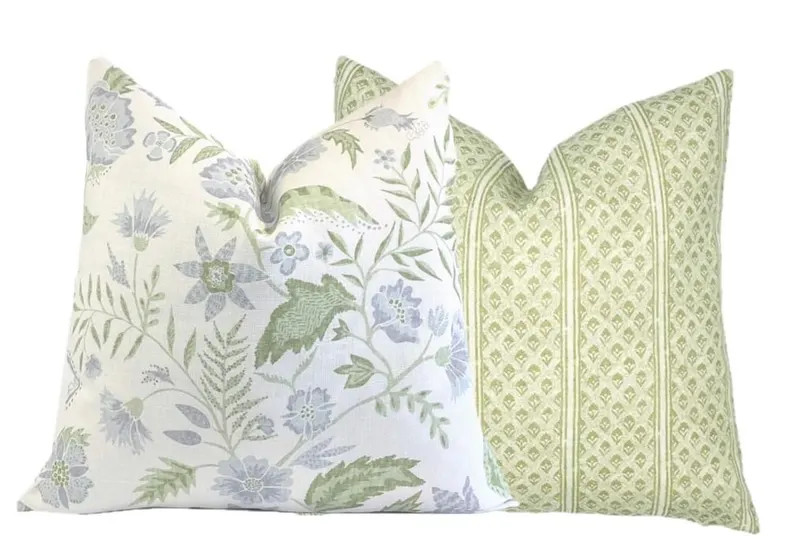 Kathy Vine Blue and Green Linen Pillow Cover | Designer | High End | Soft Sky Blue and Green on B... | Etsy (US)