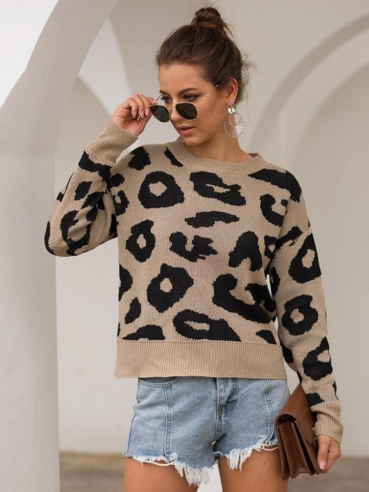 Leopard Print Drop Shoulder Sweater | SHEIN