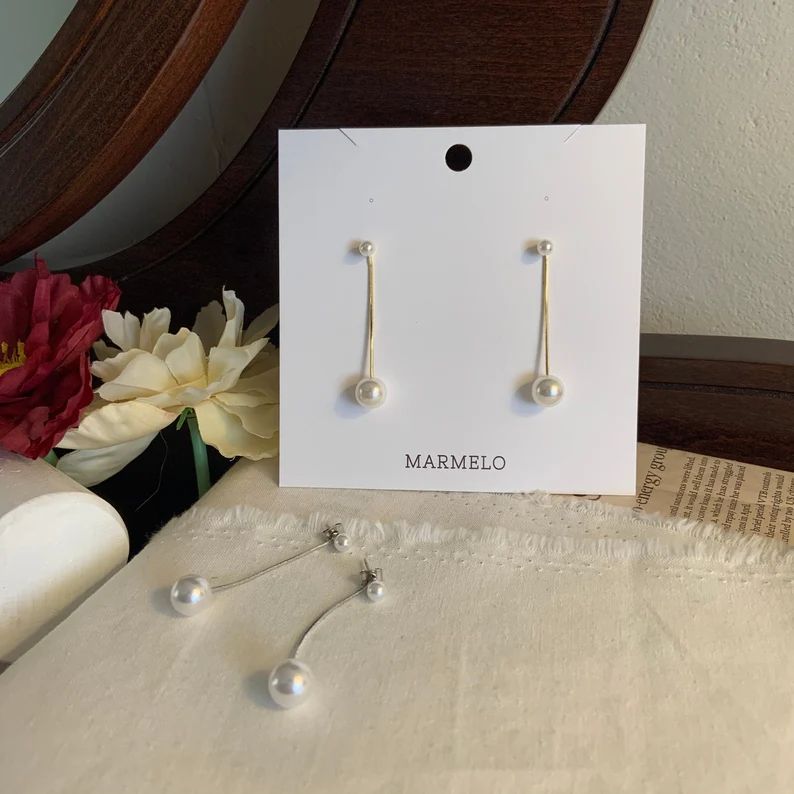 MARMELO / Dainty Pearl Dangle Chain Earrings for Woman / - Etsy | Etsy (US)