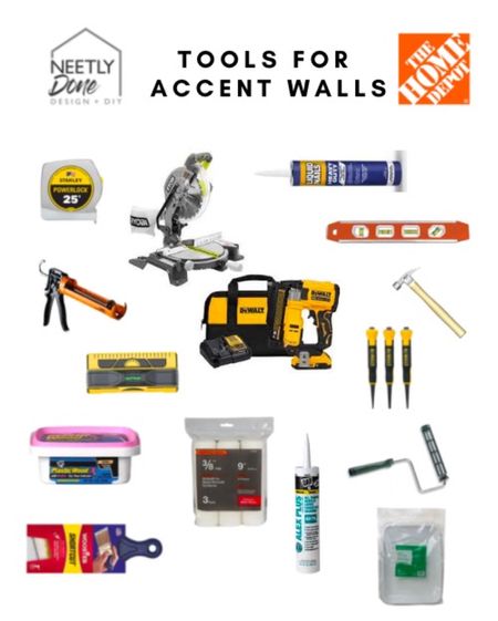 Here are all the tools you need to create your own trim accent wall. Measuring tape, Ryobi miter saw, caulk gun, level, Dewalt cordless nail gun, Franklin sensors stud finder, shortcut Wooster paint brush, Alex plus caulk, liquid nails, roller and roller covers, hammer and nail tools.

#LTKhome #LTKunder100 #LTKfamily