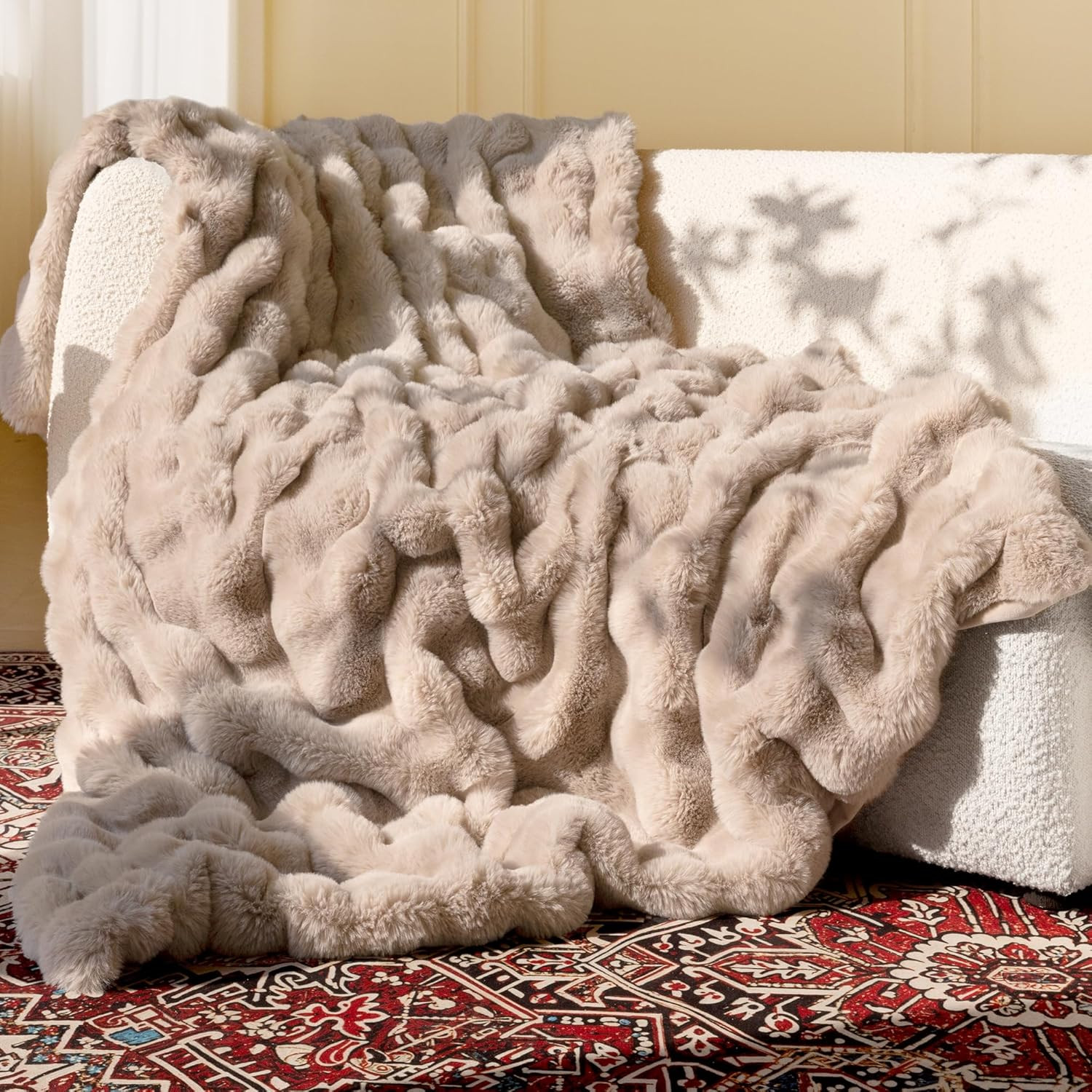 Ultra Soft Cozy Faux Fur Throw Blanket, Fuzzy Plush Thick Bubble Blanket, Oversize Luxury Fluffy Blanket for Couch, Sofa, Bedroom, and Living Room, 50x60 Inches, Light Brown | Amazon (US)