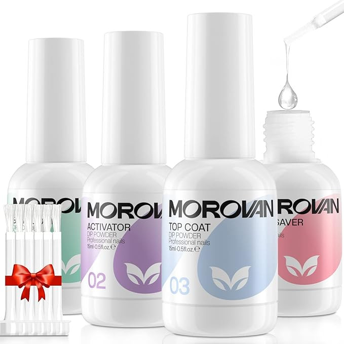 Morovan Dip Powder Liquid Set with Activator Base Top Coat and Dipping Powder Brush Saver 4pcs 0.... | Amazon (US)
