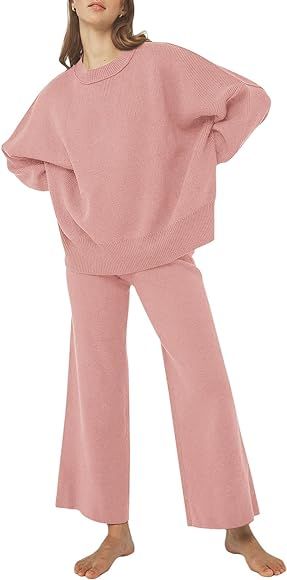 LILLUSORY Women 2 Piece Outfits Sweatsuit Sweater Sets Oversized Knit Pullover Tops Wide Leg Pant... | Amazon (US)