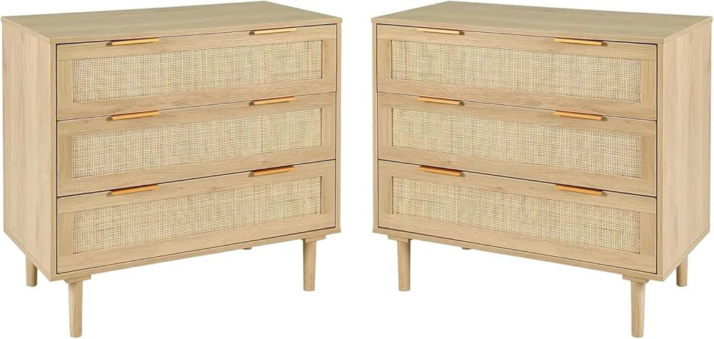 HOPUBUY Large Nightstand Set of 2 with Rattan Drawer, Modern 3 Drawer Night Stand for Bedroom, Wo... | Amazon (US)
