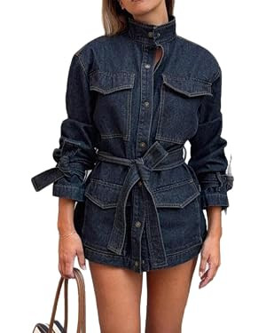 Wuitrie Denim Jacket for Women Button Long Sleeve Tie Streetwear Loose Casual Jean Jacket Fall Co... | Amazon (US)