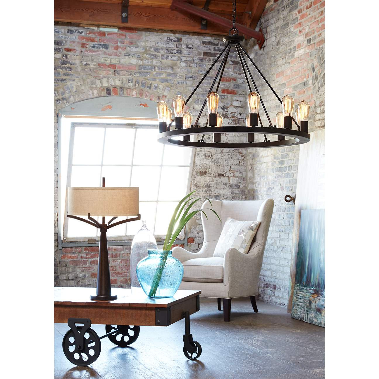 Lacey 28" Wide Round Black 12-Light LED Wagon Wheel Chandelier - #W7307 | Lamps Plus | Lamps Plus
