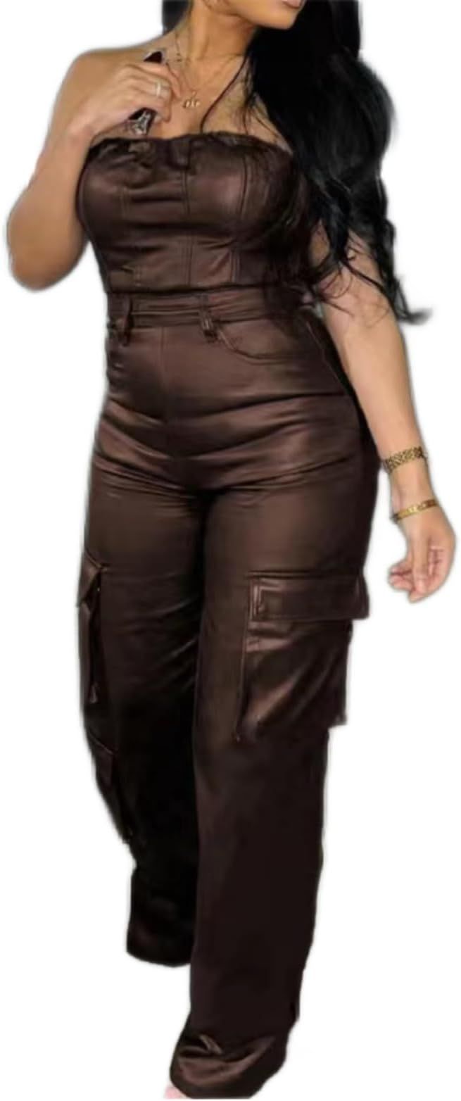 Womens PU Leather Jumpsuit Sexy Off the Shoulder Top Tight Waist Cargo Pants Bodysuit | Amazon (US)