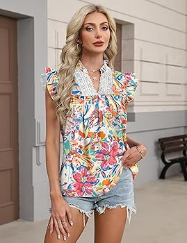 AKEWEI Womens Summer Ruffle Sleeve Lace Embroidered V Neck Work Blouses Pleated Tank Top | Amazon (US)