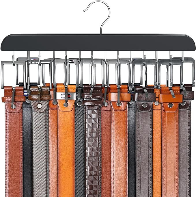 Belt Hanger for Closet Max 42 Belts, Sturdy Wood Belt Rack Closet Accessories with 14 Hooks Belt ... | Amazon (US)