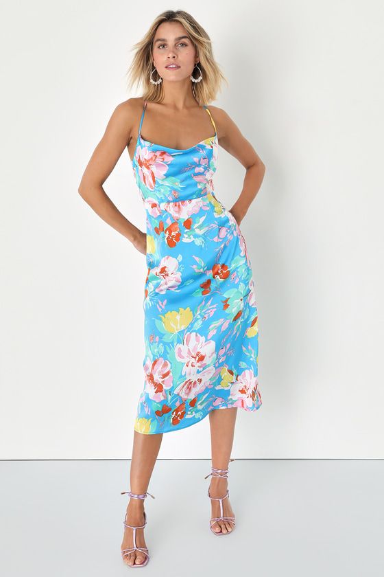 Flowering Forever Blue Floral Cowl Neck Backless Midi Dress | Lulus