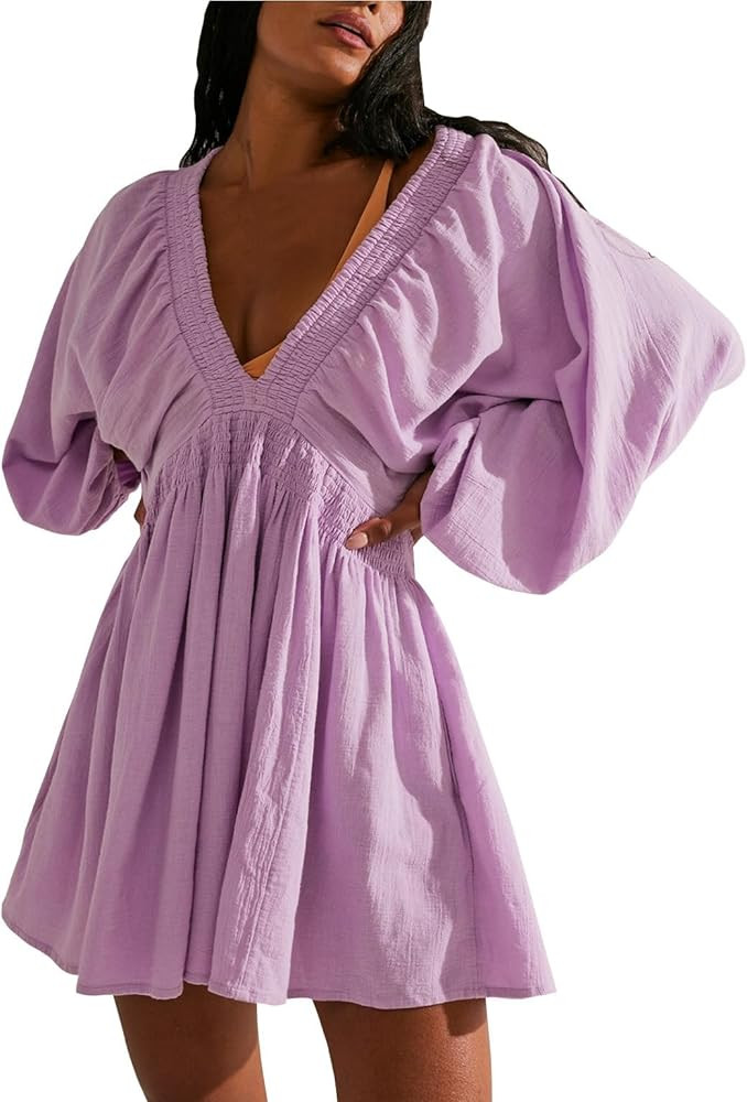 Ladyful Women's Cotton Linen Mini Dress V Neck A-Line Summer Beach Sundress Purple, Large | Amazon (US)