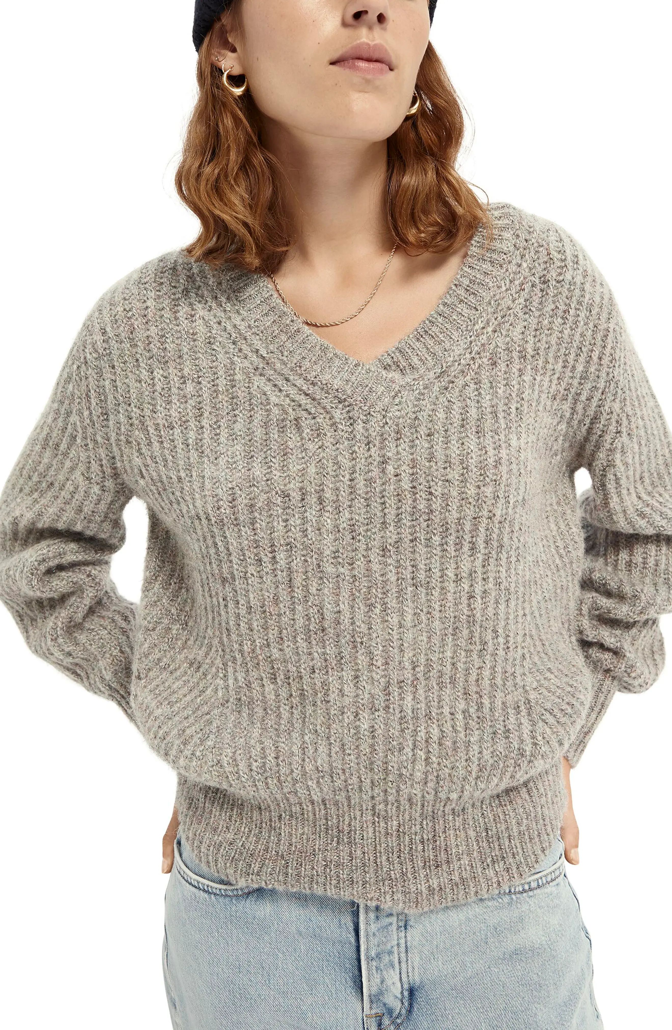 Women's Scotch & Soda Metallic Rib V-Neck Sweater, Size Small - Grey | Nordstrom