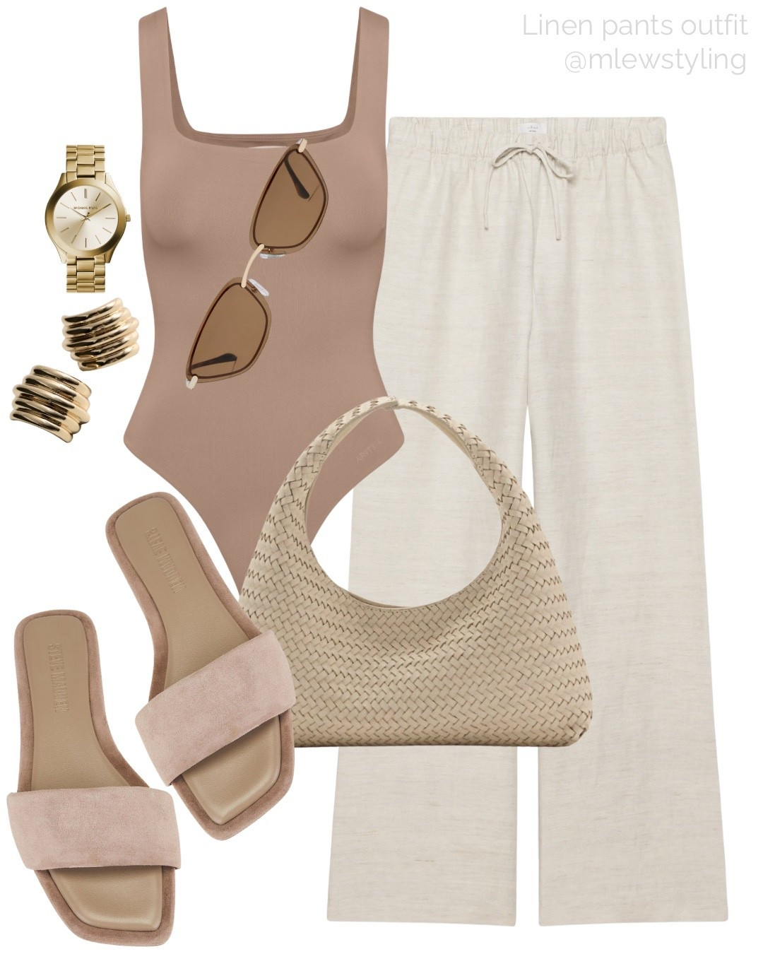 Neutral summer outfit with linen pants 🤎

Tags: aritzia bodysuit, taupe slide sandal, lodge pants, Michael kors gold watch, banbe sunglasses, woven leather bag from mongo, neutral aesthetic, chic elevated outfit, date night 

#LTKShoeCrush #LTKItBag #LTKStyleTip