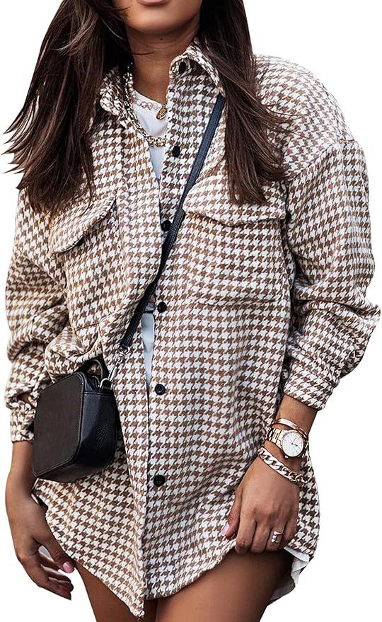 Yimoon Plaid Jacket Women Casual Houndstooth Jacket Flannel Shacket Loose Long Sleeve Shirt Butto... | Amazon (US)