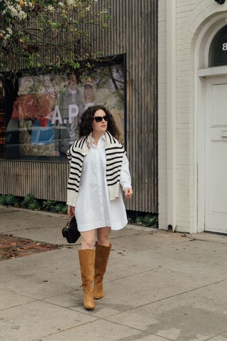 The comfiest, most versatile white button-down dress. I paired it with these suede boots and a striped sweater. 

#LTKstyletip #LTKshoecrush #LTKworkwear