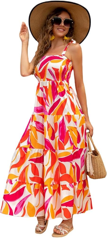 LYANER Women's Boho Floral Print Square Neck Shirred Spaghetti Strap Sleeveless Maxi Dress | Amazon (US)