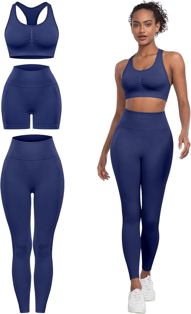 3 Piece Workout Sets for Women Butt Lifting Leggings with High Impact Sports Bra Gym Shorts | Amazon (US)