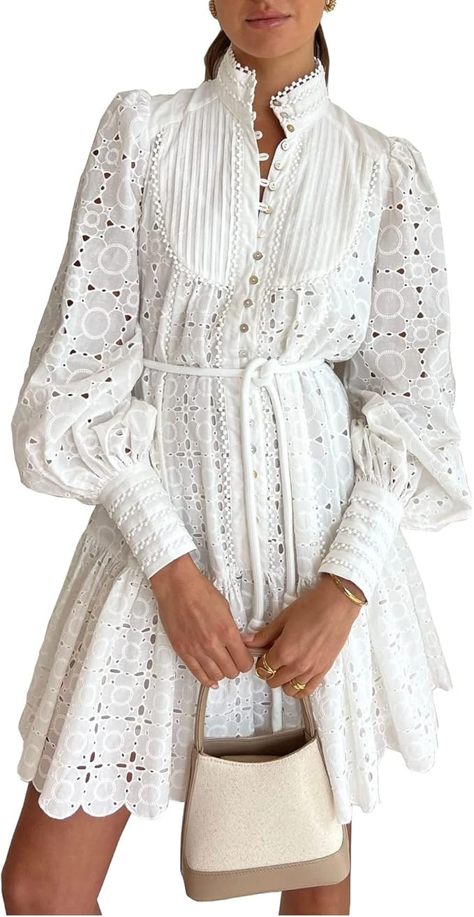 Aox Women Button Down Shift Swing Dress Ruffle Sleeve Tunic Midi Sundress Pockets Mini Skirt with... | Amazon (US)