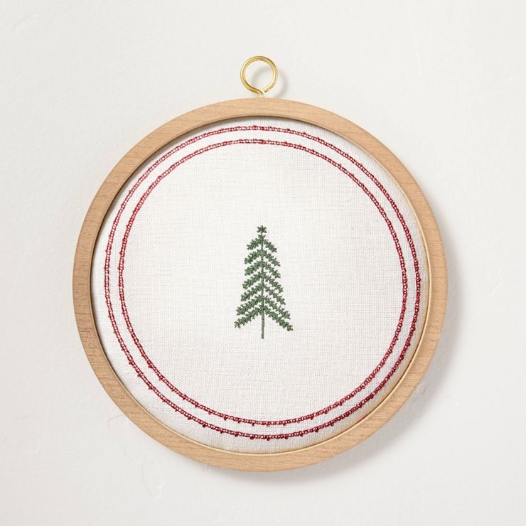 8&#34; Embroidered Winter Tree Hoop Art Cream/Green/Red - Hearth &#38; Hand&#8482; with Magnolia | Target