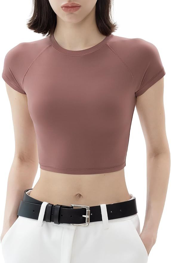 PUMIEY Women's Short Sleeve Crop Tops Crew Neck T Shirt Sexy Tee Smoke Cloud Collection | Amazon (US)