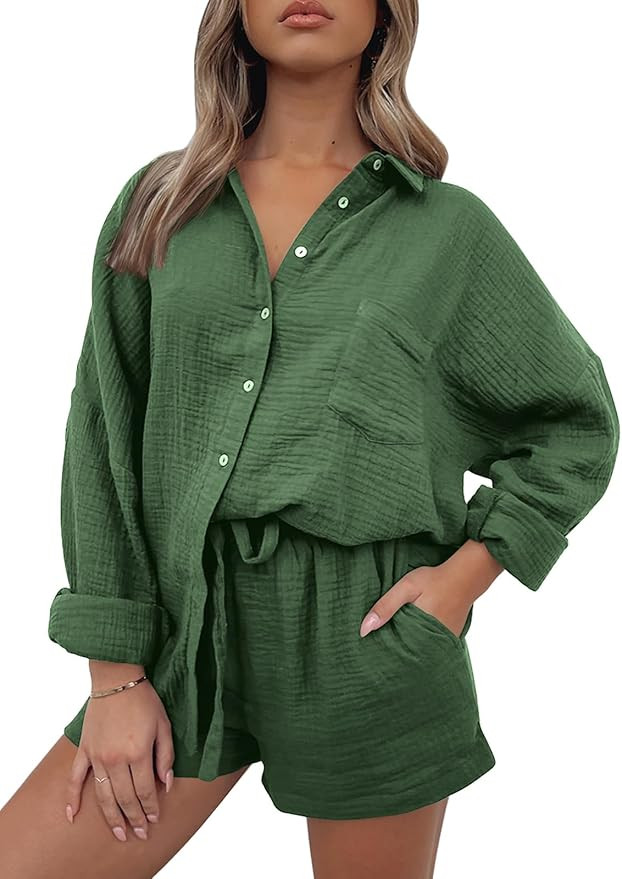 AUTOMET 2 Piece Outfits For Women Lounge Sets Pajama Sets Long Sleeve Button Down Oversized Shirt... | Amazon (US)