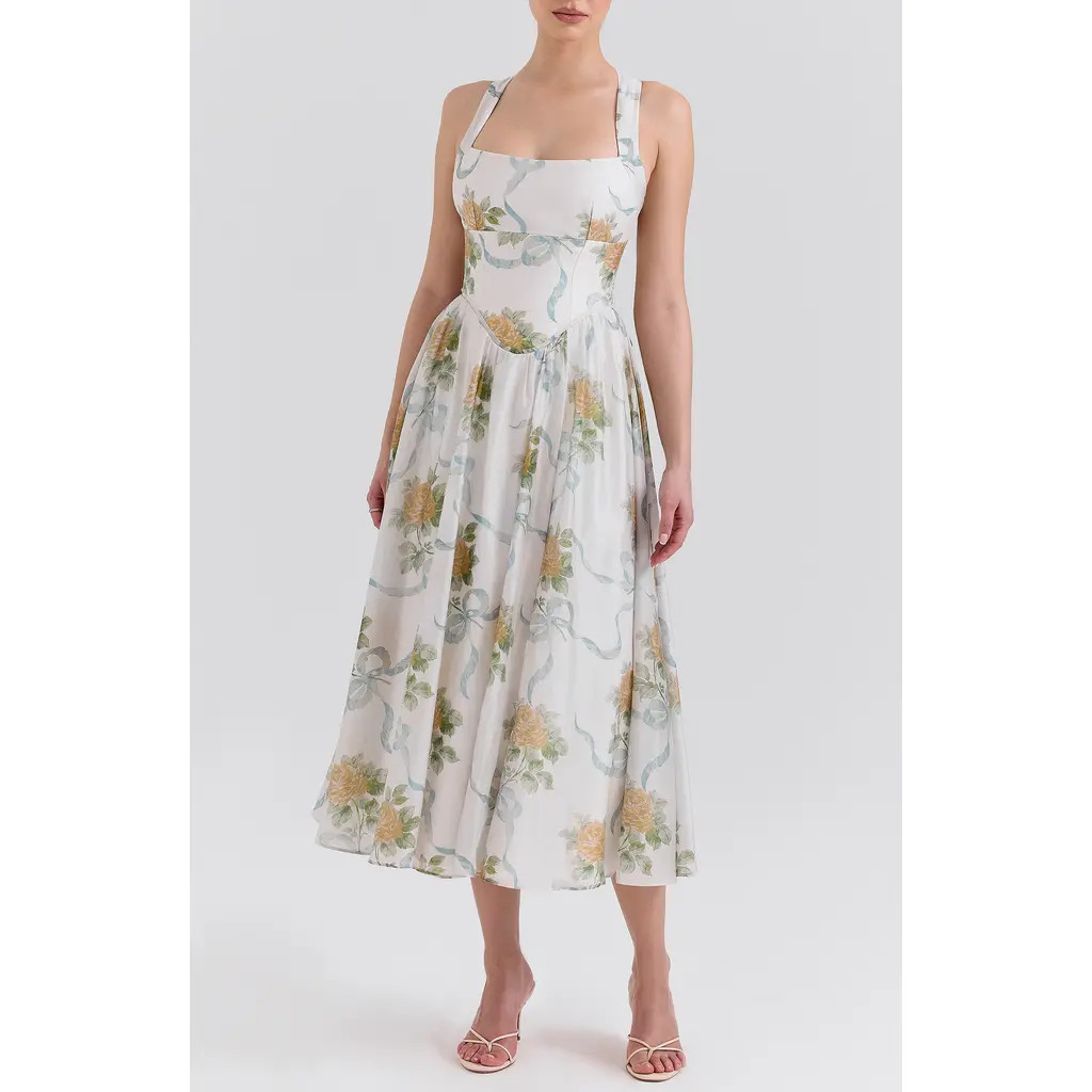 HOUSE OF CB Minerva Floral Print Chiffon Midi Sundress in Yellow Rose Off White at Nordstrom, Size Medium A | Nordstrom
