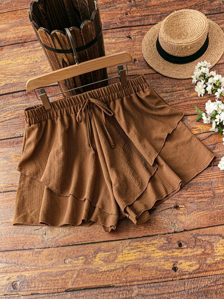 Breezaya Plus Size Women Elastic Waist Shorts, Western Vacation Club Party Beach Summer Outfits | SHEIN