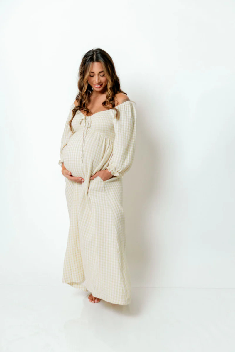 Cecilia 100% Cotton Smocked Maxi Dress in Muted Gold Plaid (Lined) - B | Worth Collective