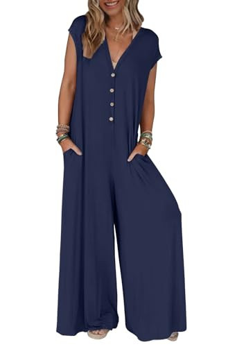 MEROKEETY Women's 2025 Summer Cap Sleeve Jumpsuits Deep V Neck Button Onesie Wide Leg Pants Rompers, Navy, M | Amazon (US)