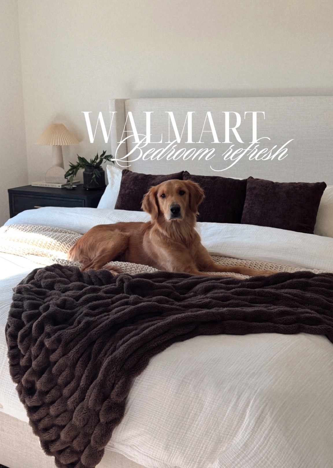 Bedroom refresh. Chocolate brown pillows. Lola blanket. Upholstered bed. Tilly bed. Black nightstands. Table lamp. White sheets. Neutral bedroom. Neutral bedding. 

#LTKHome #LTKStyleTip #LTKFindsUnder50