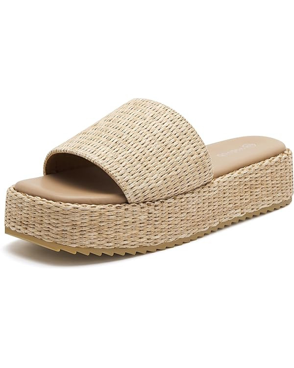 vodvob Platform Sandals for Women Open Toe Comfort Slip On Espadrille Sandals Cute Beach Straw Ra... | Amazon (US)