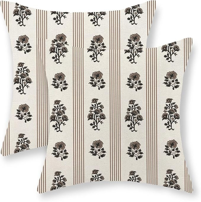 Floral Pillow Covers 20x20 Inch Set of 2 Block Print Brown Throw Pillows Vintage Flower Boho Outd... | Amazon (US)