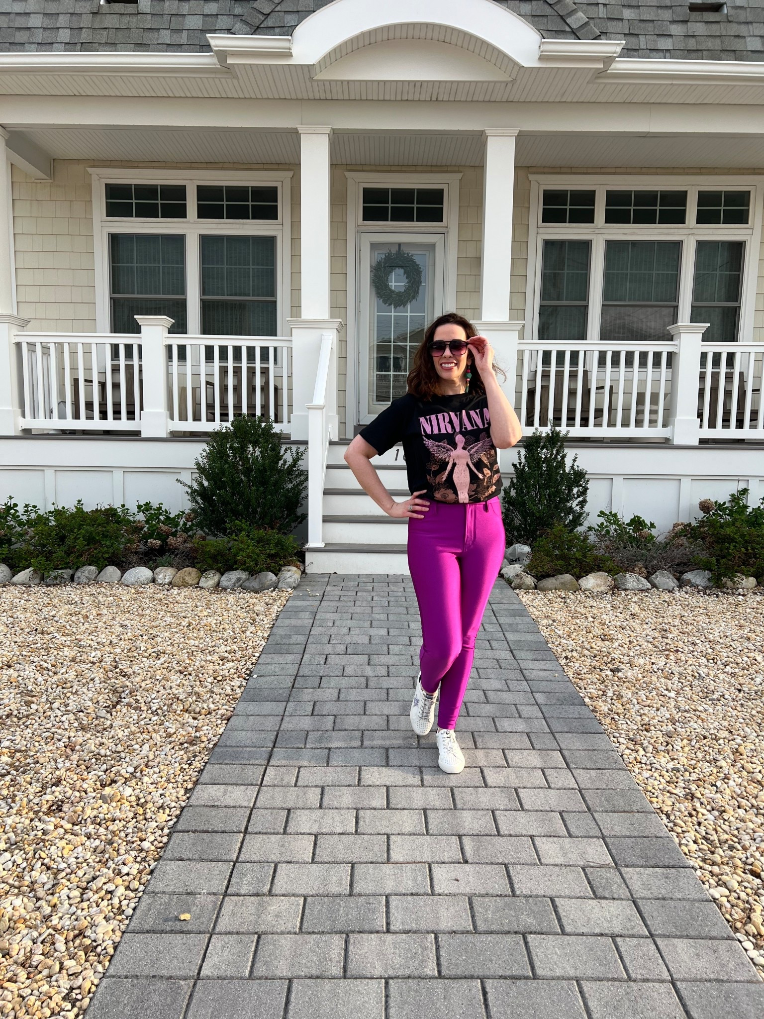Black graphic t-shirt (s). High shine compression pink leggings (s). Studded sneakers (8.5). #tshirt #blacktshirt #nirvanatshirt #leggings #compressionleggings #pinkleggings #highshineleggings #studdedsneakers #sneakers #springoutfit #whitesneakers 
spring outfits 2026 

#LTKootd #LTKSeasonal
