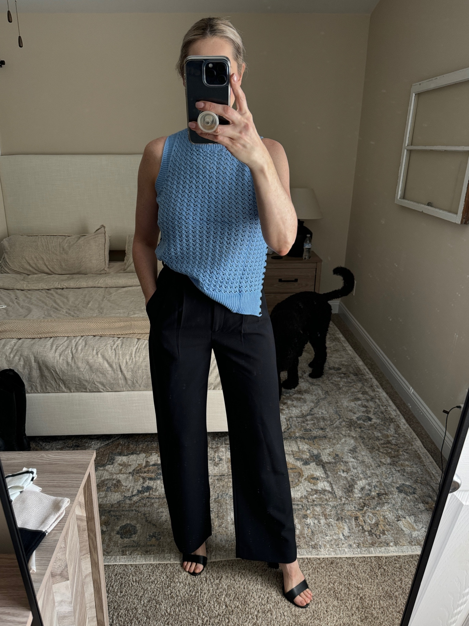 Blue knit top and black trousers and black heels 

#LTKshoecrush #LTKworkwear #LTKfindsunder100